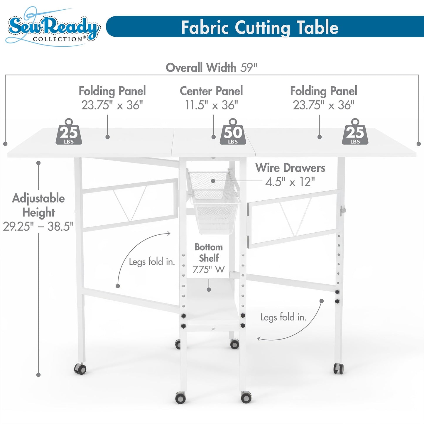 Sew Ready Folding Sewing Craft Table with Storage, Adjustable Height Cutting Desk with Drawers and Wheels for Quilting, Fabric, and Hobby Room, White