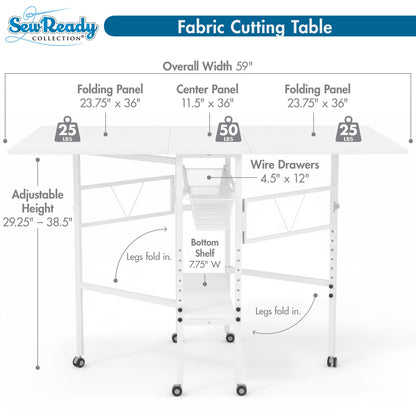 Sew Ready Folding Sewing Craft Table with Storage, Adjustable Height Cutting Desk with Drawers and Wheels for Quilting, Fabric, and Hobby Room, White
