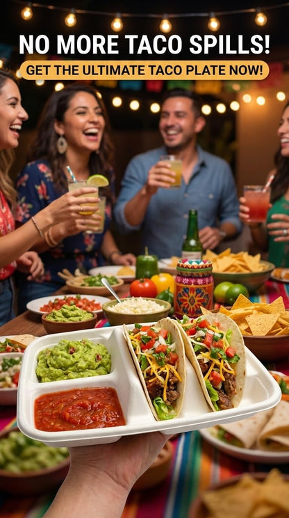 White Disposable Taco Plates for 2 Tacos & 2 Sides – 25 PACK | Premium Paper Plates with Dividers, Fiesta Taco Holder, Taco Stand for Taco Tuesday & Taco Bar Serving Set Taco Plates (25 Plates)