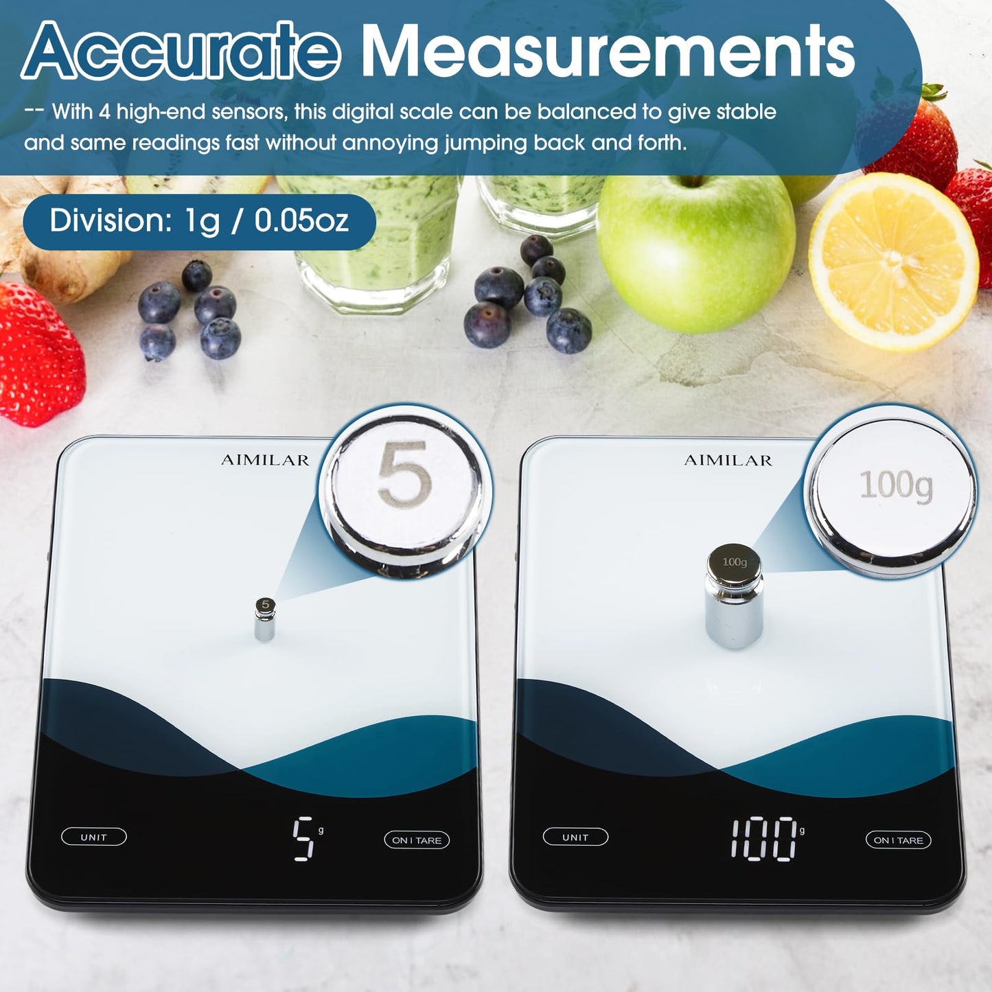 AIMILAR Bluetooth Kitchen Scale 10kg/22lb - Smart Nutrition Food Scale with App Calorie & Macro Tracker, Nutritional Analysis, USB-C Rechargeable, Tempered Glass, LED Display, Tare, g/lb:oz/oz/ml