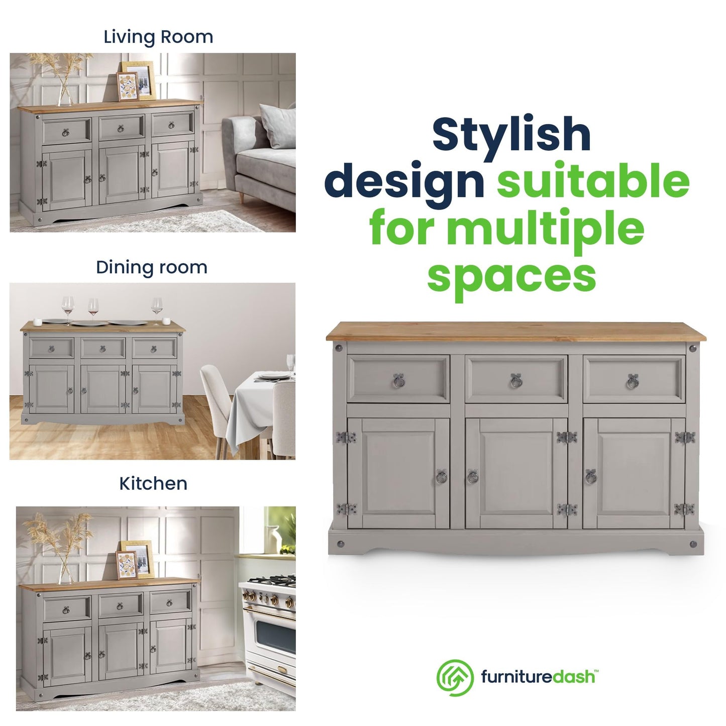 Furniture Dash Rustic Grey 6-Compartment Cabinet – Solid Wood Console Table with Storage Drawers & Doors for Dining, Kitchen, or Entryway Use