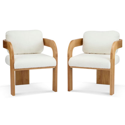 Christopher Knight Home Yorick Modern Boucle Dining Chair Set of 2 with Cushion, Solid Wood Dining Room Armchair Set, Curved Backrest Kitchen Side Chair, Living Room Comfy Extra Seat, Natural+White