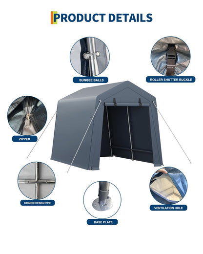 7 x 10 Ft Carport Portable Storage Shed Outdoor Tarp Sheds with Roll-Up Door, Bike Shed ATV Storage Tent for Motorcycle, Car, Garden Tools Grey