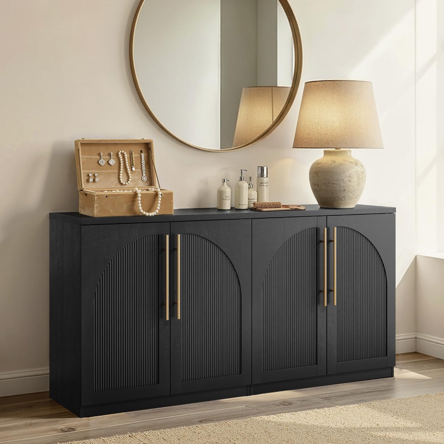 ModernMate Set of 2 Arched Sideboard Cabinets, 62" Modular Storage Buffet Table with Wave-Panel Doors, Black Wood Grain Media Console with Soft-Close Hinges for Living Room