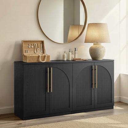 ModernMate Set of 2 Arched Sideboard Cabinets, 62" Modular Storage Buffet Table with Wave-Panel Doors, Black Wood Grain Media Console with Soft-Close Hinges for Living Room