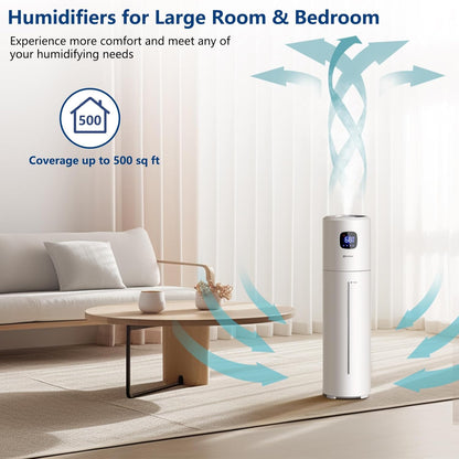 Large Humidifiers for Bedroom, 9L/2.5Gal Ultrasonic Cool Mist, Easy Clean with 350ML/H Large Mist Speed, Quiet Tower, Suitable for Kids Room Plant Yoga (White)