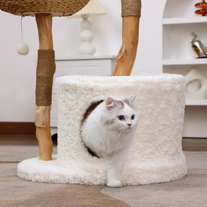 U-Moving 46" Natural Wood Cat Tree for Large Cats – Modern Feline Tower with Scratching Posts, Real Branch Design & Luxury Gift for Cat Lovers