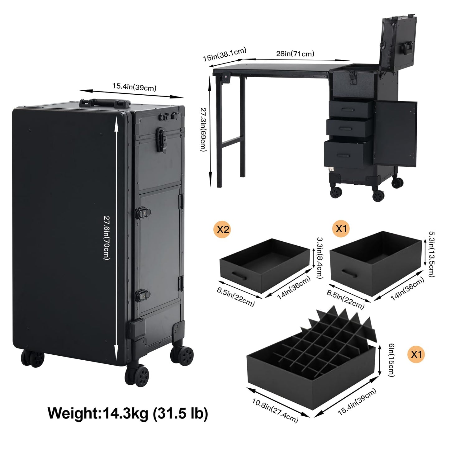 Portable Nail Desk for Nail Tech, Foldable Manicure Table with 3 Drawers & Mirror, Rolling Nail Table with Lockable Train Case, Nail Polish Organizer, Mobile Nail Tech Workstation with Wheels, Black