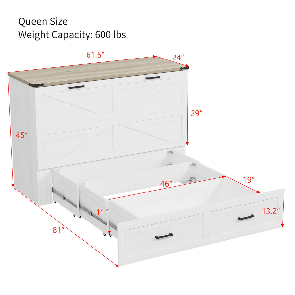 Merax Modern Farmhouse Solid Wood Murphy Cabinet Bed with Charging Station, Foldable Wall Platform Bed with Storage Drawer/No Box Spring Needed/Easy Assemble/Queen, White