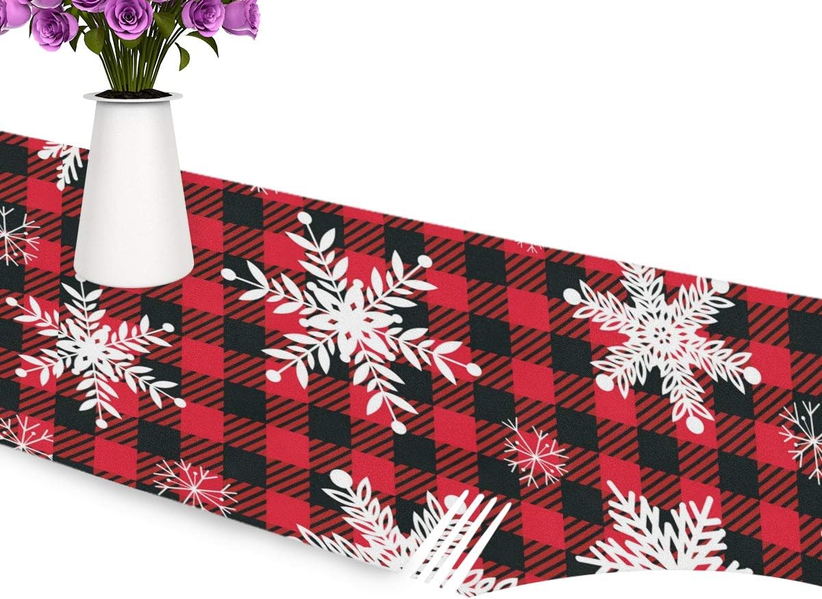 WOOR Double-Sided Snowflakes Table Runner - 13 x 70 Inches Buffalo Plaid Background, Christmas Table Cloth for Holiday