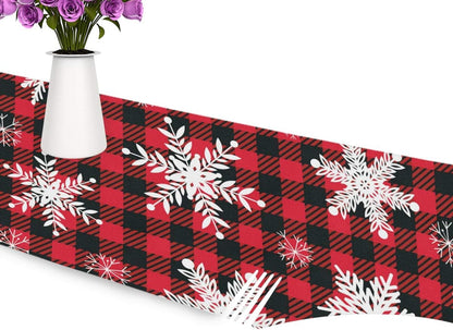 WOOR Double-Sided Snowflakes Table Runner - 13 x 70 Inches Buffalo Plaid Background, Christmas Table Cloth for Holiday