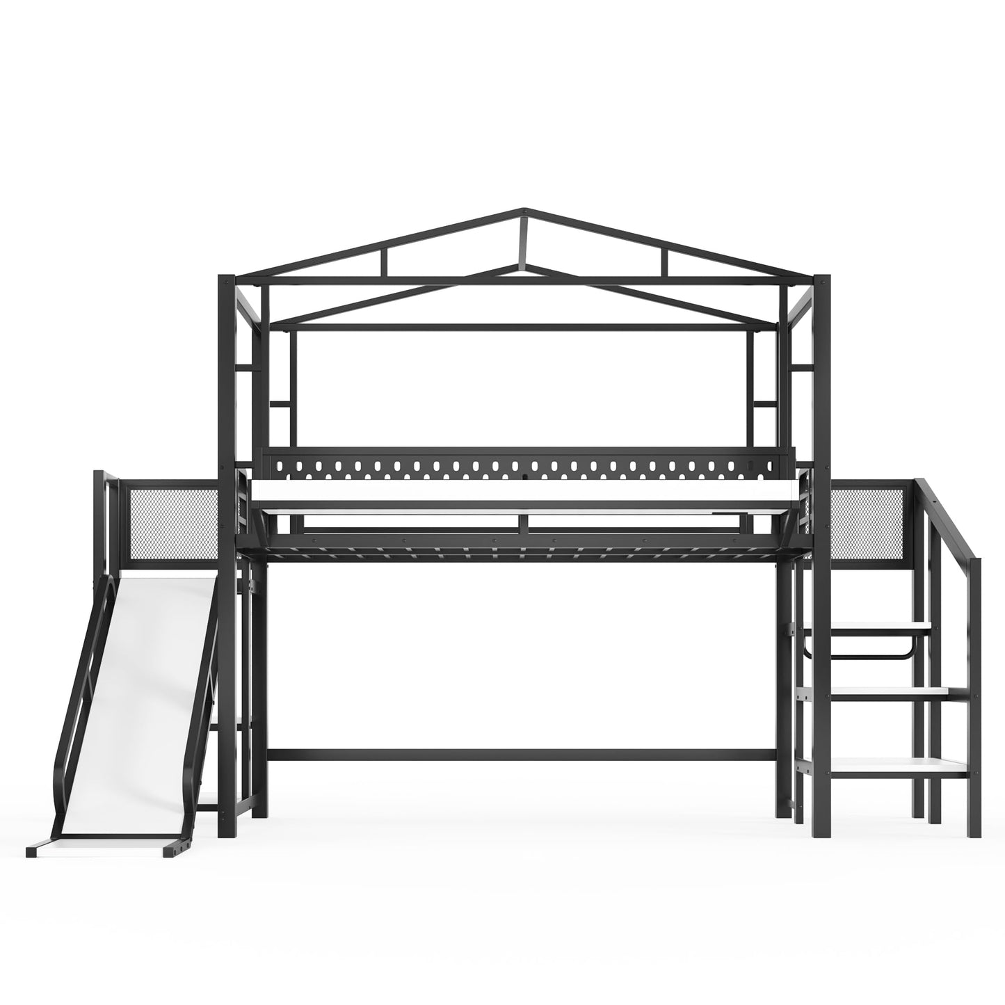 Bellemave Twin Size Metal House Loft Bed with Slide and Stairs,Heavy Duty Playhouse Loft Bed Frame with Shelves,LED Lights and Charging Station for Kids,Teens,Adults,Black