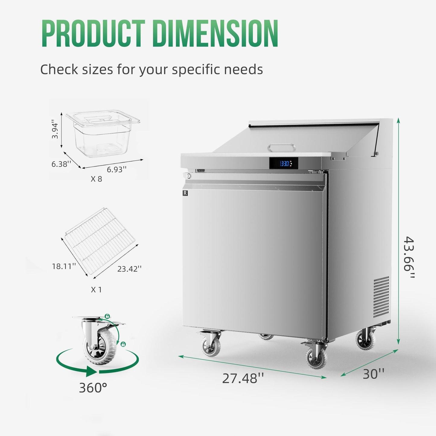 Coolake 27'' W Commercial Refrigerator Sandwich Salad Prep Table, 1 Door Sandwich Fridge with 8 GN 1/6 Pans, Counter Fan Cooling Refrigerator for Restaurant, ETL DOE