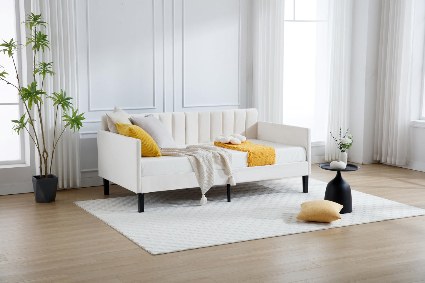 GDFStudio Twin Size Upholstered Daybed, Futon Sofa Bed Ribbed Tufted Backrest Lavish Modern Design, Couch Bed Frame for Bedroom Living Room Guest Room Apartment,Beige Velvet