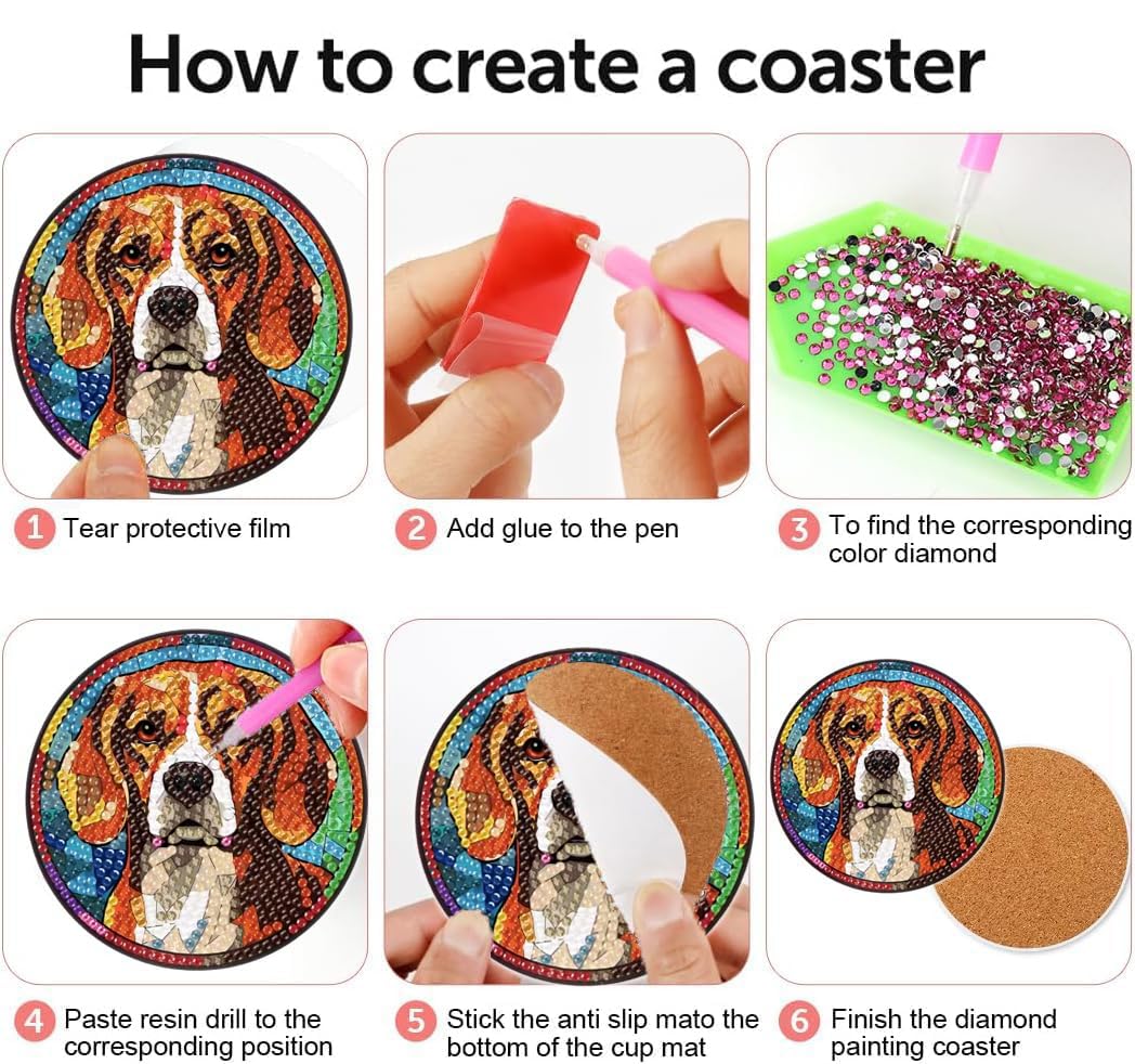 Puraikcmi 6pcs Dogs DIY Diamond Art Painting Kits Coasters with Holder, Diamond Coasters by Number Adults Crafts Full Drill Round Mosaic Stitch Art Craft Supplies