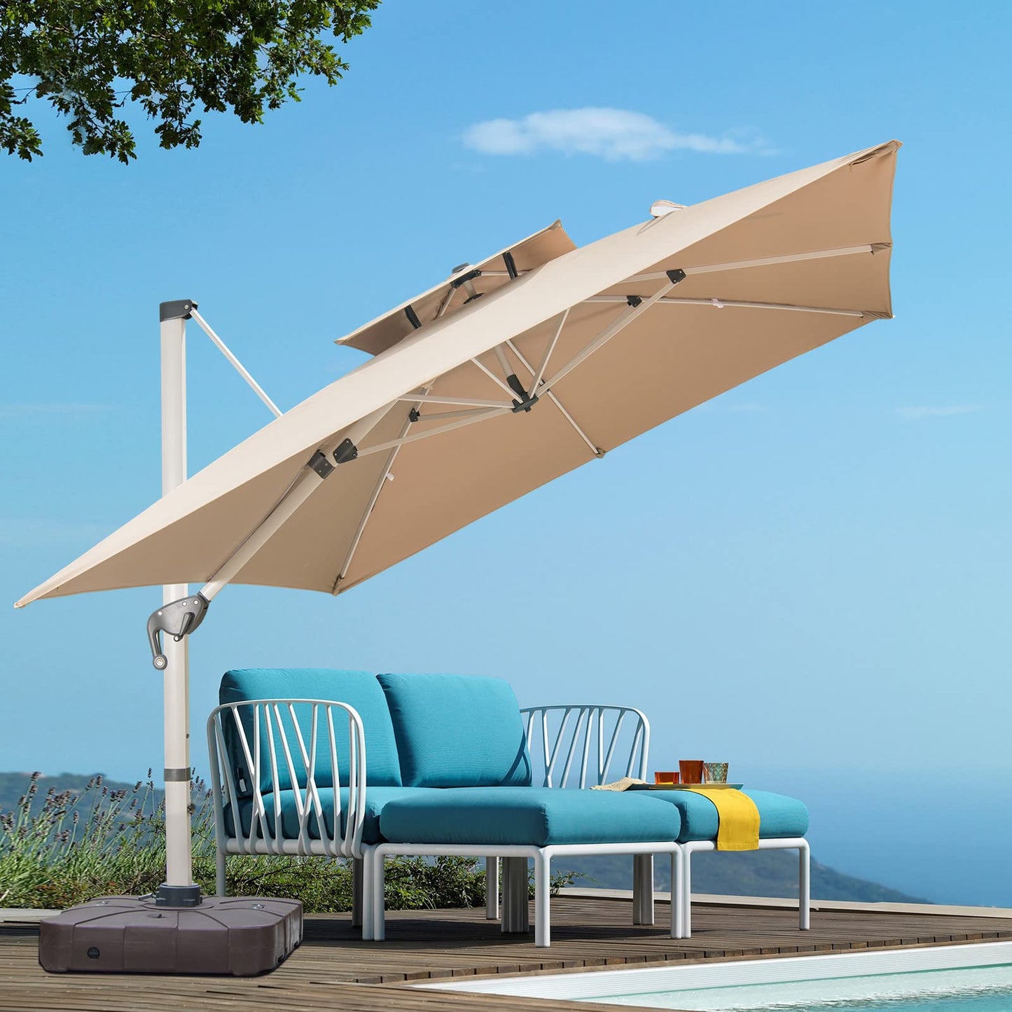 Mojia 10x10 FT Square Cantilever Patio Umbrella with Solar LED Lights and Cross Base, 360° Rotation Large Heavy Duty Offset Outdoor Umbrella with Easy Tilt for Pool Backyard Deck Garden, Khaki