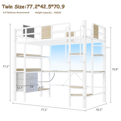GarveeLife Twin Size Loft Bed Frame with Desk and Storage Shelves, Metal Loft Bed with Ladder and Full-Length Guardrails, Space Saving Kids Bed with Built-in Workstation for Bedroom, White