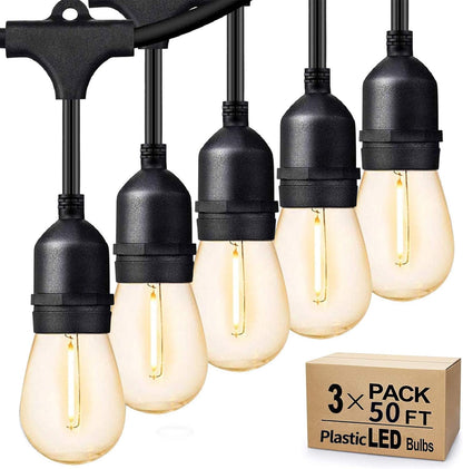 Svater Outdoor String Lights 150FT, E26 Socket, 48pcs S14 Shatterpoof Bulbs, 1 Watt Dimmable 2700K Warm White, IP65 Waterproof Commercial Grade Patio Lights（3 Pack X 50FT）