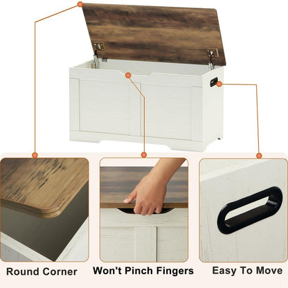 Timberer 31.5" Storage Chest, Wooden Storage Bench, Lift Top Toy Chest with 2 Safety Hinges, Large Toy Box, Entryway Shoes Bench for Living Room, Bedroom, Brown and Rustic White