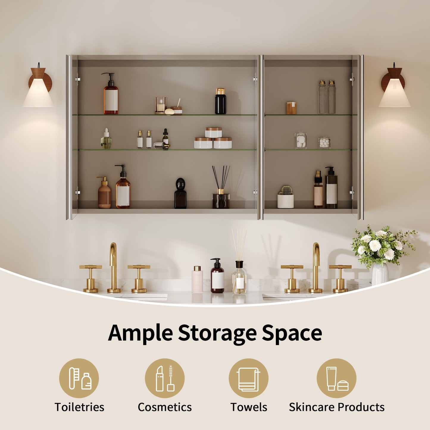 DeerValley Medicine Cabinet with Mirror, 48" W x 26" H Bathroom Mirror with Storage, 3 Doors Frameless Modern Wall Mount Mirrored Medicine Cabinets with 2 Adjustable Shelves DV-1MC0149