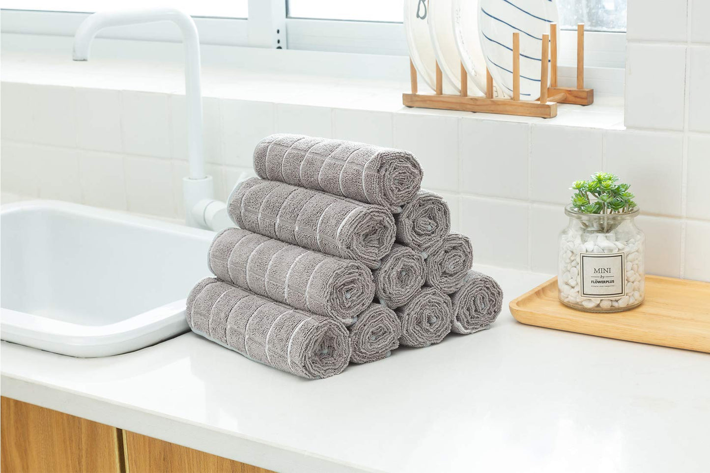 Microfiber Dish Towels - Soft, Super Absorbent and Lint Free Kitchen Towels - 8 Pack (Lattice Designed Gray Colors) - 26 x 18 Inch
