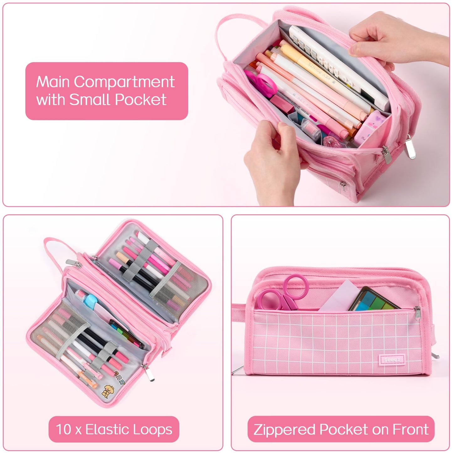 Sooez Large Pencil Case, Big Capacity Pencil Pouch Pen Bag with 3 Compartment, Portable Canvas Stationery Organizer with Zipper, Cute Aesthetic School Supplies for Teen Girls, Sky Blue with Plaid