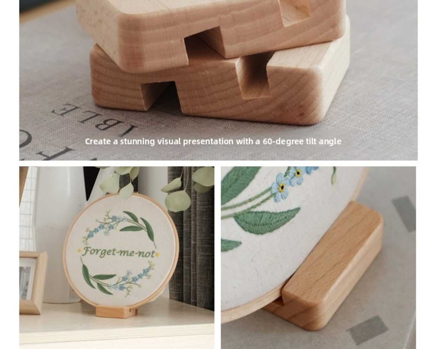 QIZUOLIFE Wooden Embroidery Hoop Stand Display Frame & Phone Holder for 7-10 Inch Hoops (3-Pack) Natural Wood Craftsmanship, 2-Tier Groove Design, Versatile Display and Home Decor