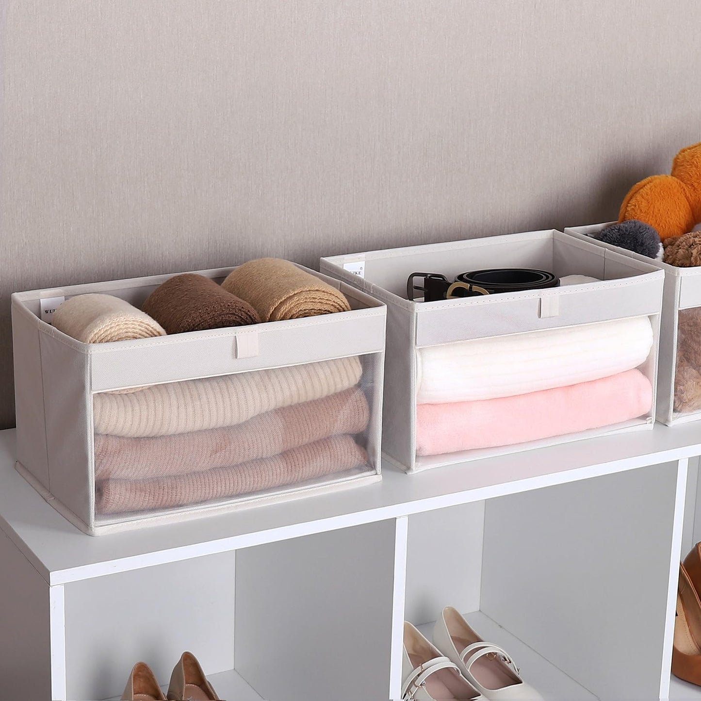 WUIKE Closet Storage Bins, Fabric Organizer Baskets with Clear Window and Handles, Foldable Storage for Shelves, Beige, Large, 3-Pack