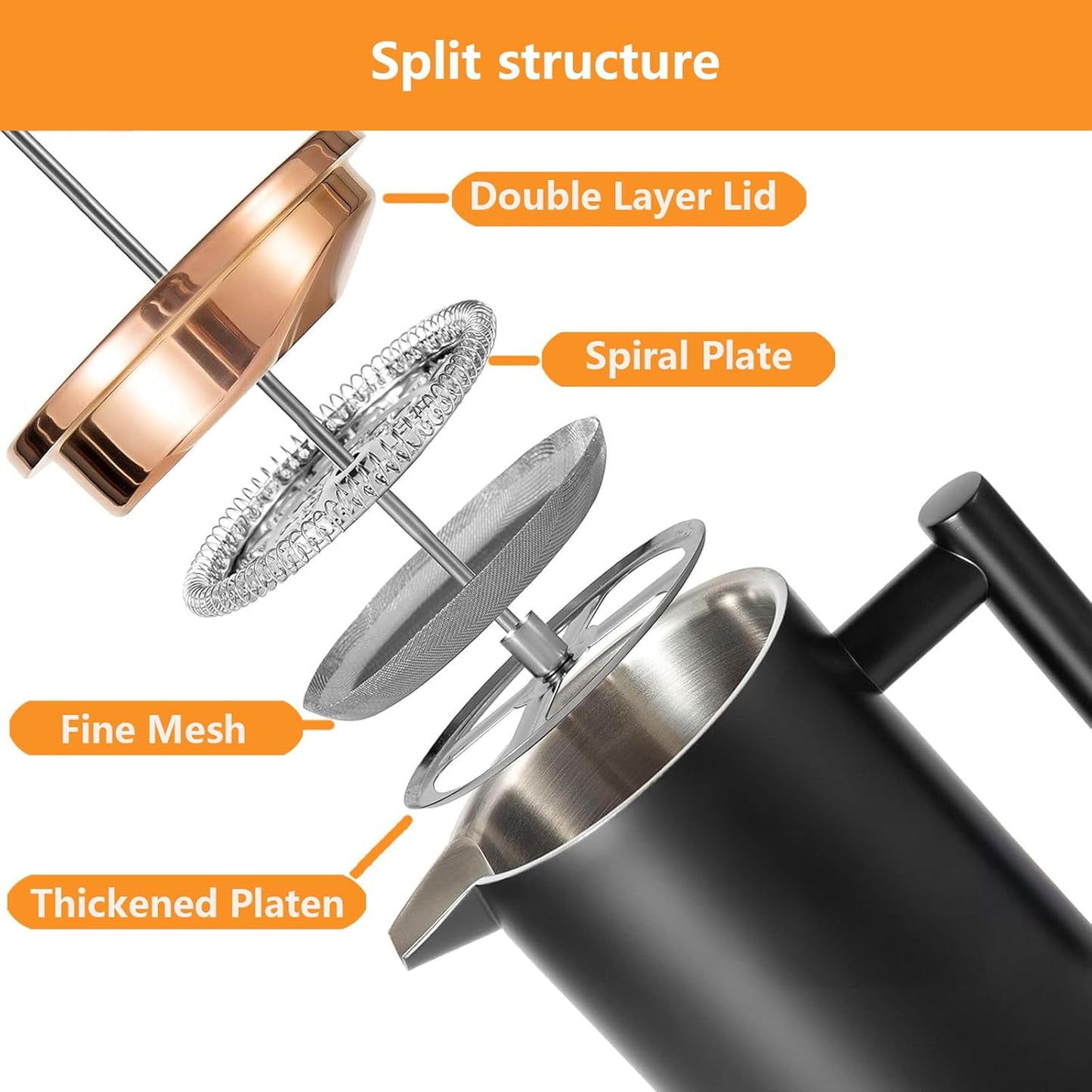 1500ml, 50oz, Stainless Steel French Press Coffee Maker Black Double-Wall Insulated Large French Coffee Press