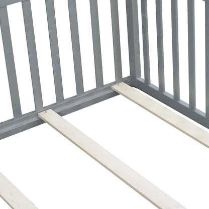 KEIKI Full Floor Bed Frame with High Fence Guardrail, Solid Wood Montessori Kids Bed, Pine Wood Platform Floor Bed with Storage Racks, White
