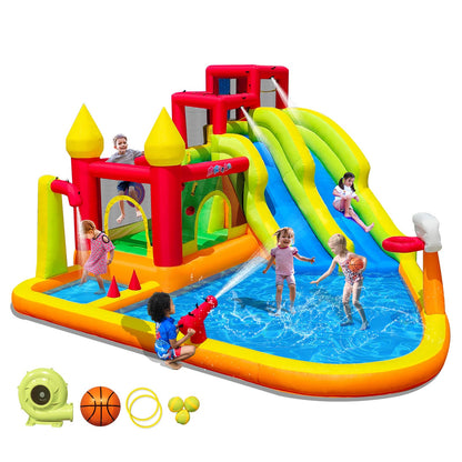 MIRUNAIR Inflatable Bounce House with Slides, Inflatable Water Slide for Kids Backyard, Bounce Water Prak with Air Blower, Splash Pool, Water Cannon, Climbing Wall, Outdoor Backyard Water Park