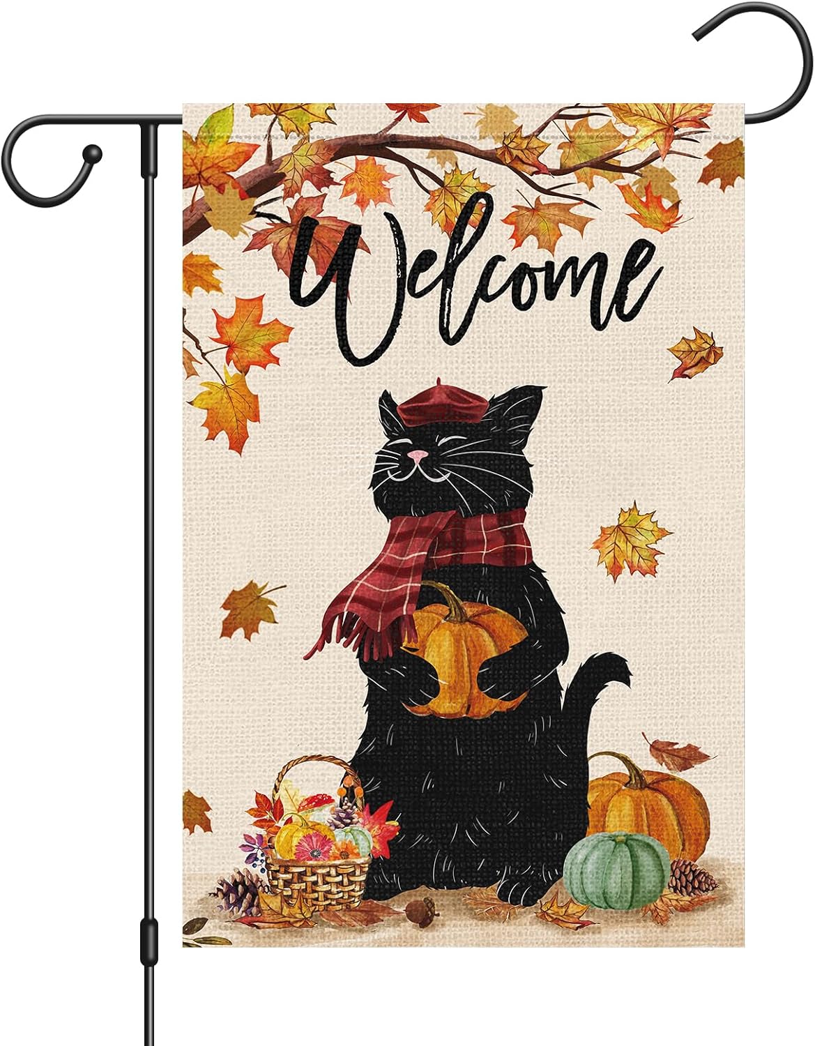 Welcome Fall Garden Flag 12 x 18 Inch, Double Sided Burlap Black Cat with Pumpkins, Autumn Maple Leaves Thanksgiving