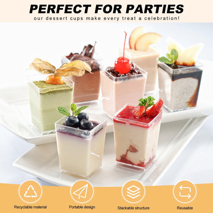 320-Pack Dessert Cups with Spoons 5 oz Mini Plastic Dessert Cups for Party Yogurt Parfait Jello Fruit Appetizer Cocktail Small Clear Reusable Square and Round Goblet-Shaped Dessert Bowls Shot Glasses