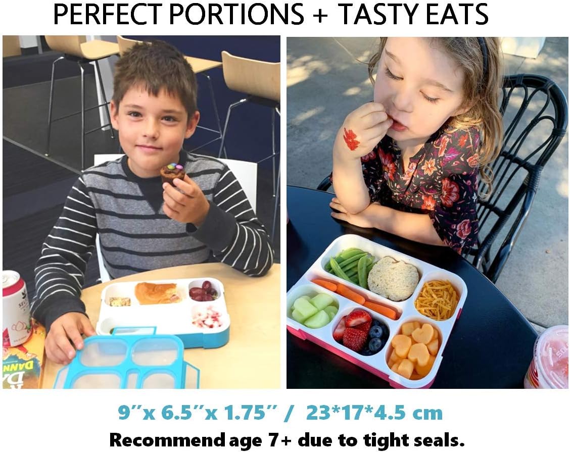 Bento Lunch Box for Kids & Adults, Leakproof Containers with 6 Compartments, BPA-Free Utensils, Blue & Pink Set