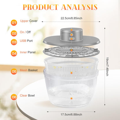 Vegetables Washer Dryer,4L Large Capacity Fruit Vegetable Strainer Spinner,USB Electric Salad Lettuce Spinner,Automatic Compact Salad Cleaner and Dryer for Home Kitchen(White)