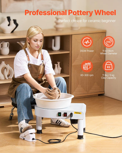 VEVOR Pottery Wheel for Adults, 11in/28cm Ceramic Wheel Forming Machine, 0-6in Adjustable Lift Leg 350W Professional Pottery Kit with Foot Pedal Detachable Basin for Work Art Craft DIY, White