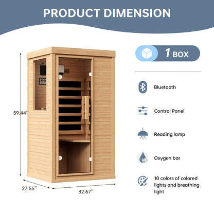 Wood Infrared Home Sauna Room, 1 Person Traditional Indoor Saunas, Canadian Hemlock Dry Sauna Spa for Low EMF with Tempered Glass Door, Bluetooth Speakers and Control Panel, 32.6 x 27.5 x 59.5 Inch