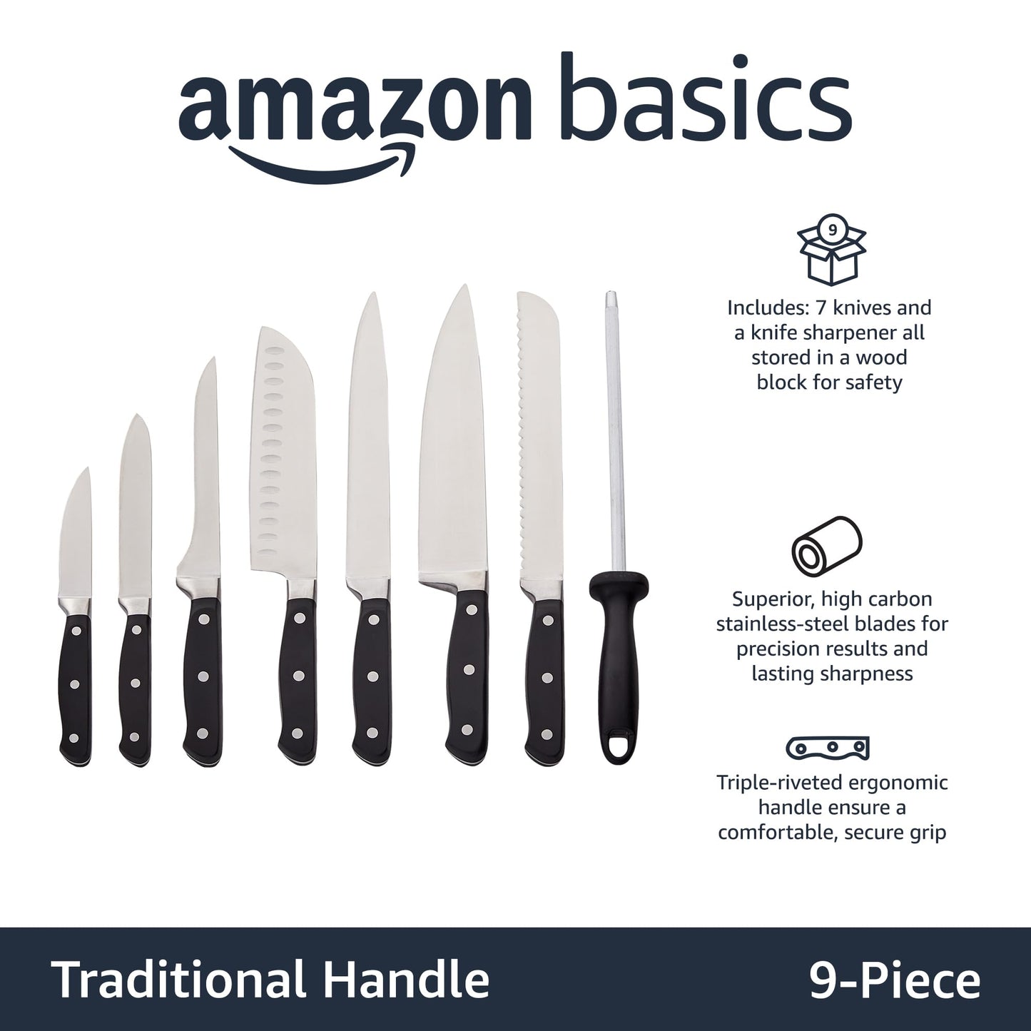 Amazon Basics 9-Piece High-Carbon Stainless Steel Kitchen Knife Set with Ergonomic Handles, Full Tang Construction, Pine Wood Block, Black