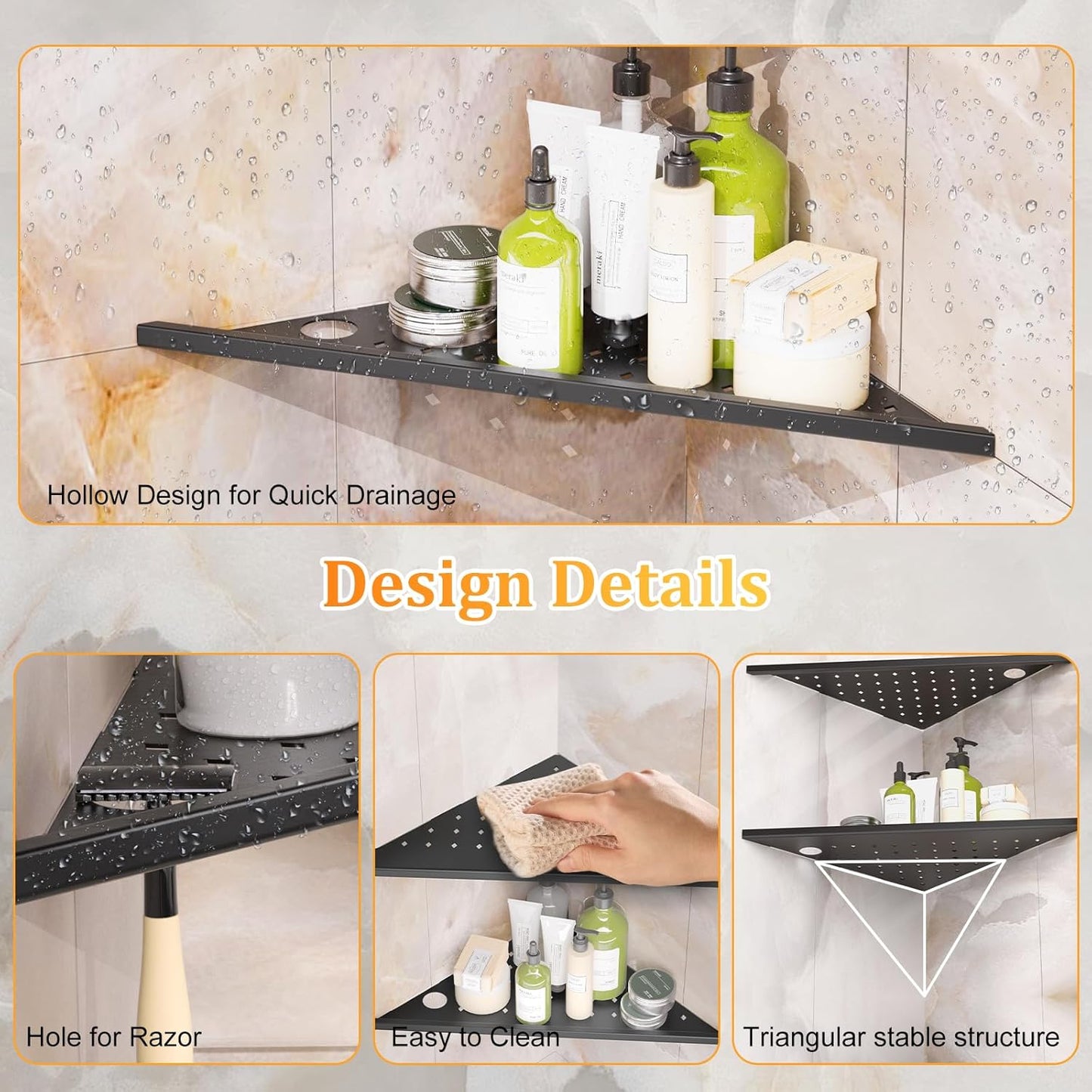 mivndeeopu 2-Pcs, 10 304 Corner Shower Shelves Rustproof Stainless Steel Shower Corner Shelf with Razor Holder