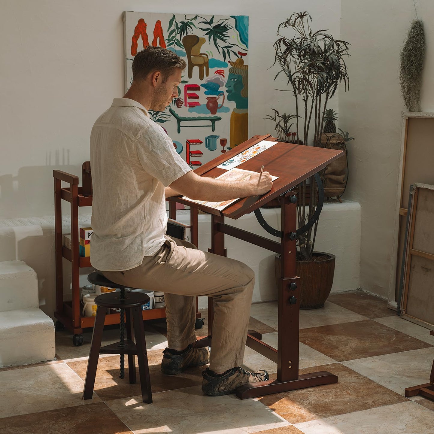 MEEDEN Vintage Wood Drafting Table & Stool Set, Artist Drafting Chair and Craft Table with Adjustable Height, Tiltable Tabletop for Artwork, Graphic Design, Writing