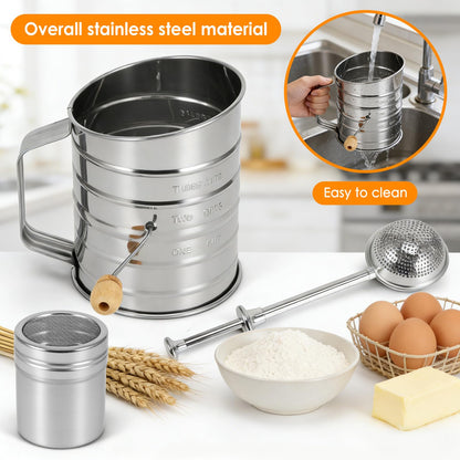 Large Handheld Rotary Flour Sifter Set – Stainless Steel Hand-Crank Sifter with Baking Sifter, Powder Sugar Duster, Shaker Cup & Sifter Stick for Cakes, Bread & Pastry