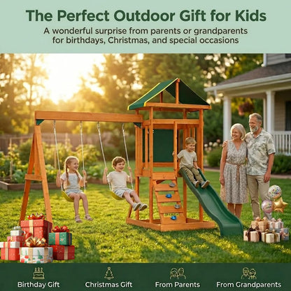 AkiiGer Cedar Wooden Backyard Playset with Swings, Wave Slide, Rock Wall Ladder, Sandbox Chalkboard & Canopy Roof, Outdoor Swing Set