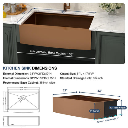 Lordear 33x21Inch Rose Gold Farmhouse Kitchen Sink Workstation SUS304 16-Gauge Stainless Steel Farmhouse Sink Apron Fron Farm Style Undermount Sinks, 33"x21"x10"