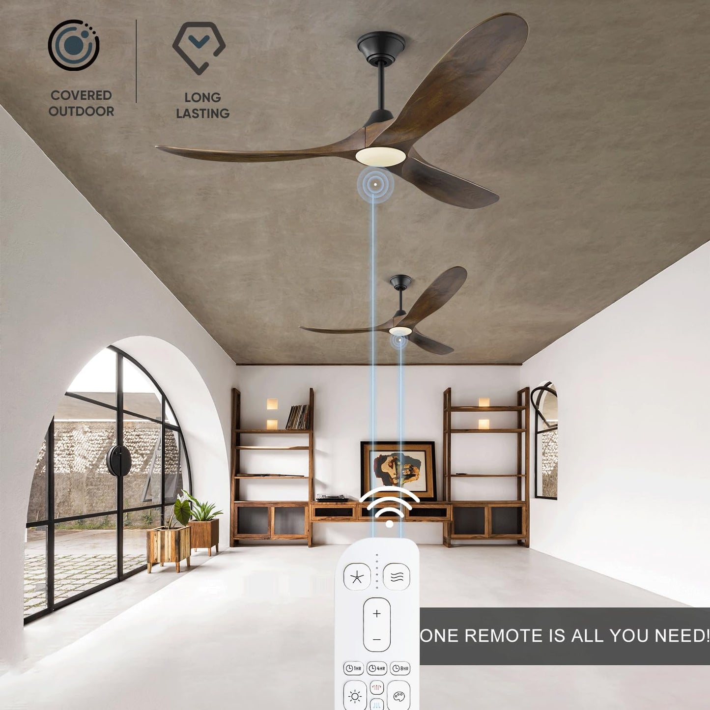 60 Inch Ceiling Fans with Lights, Outdoor Ceiling Fans for Patios with Light Damp Rated, 3 Blades Wood DC Ceiling Fan Modern Large Airflow Commercial Ceiling Fan with Remote & APP for Exterior Indoor