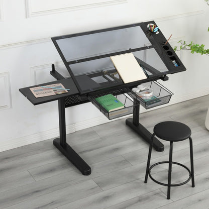 Hassyee Modern Design Hand Crank Adjustable Drafting Table Drawing Desk with Two Large-Size Metal Drawers and E0 Grade MDF Material Desktop (Black)