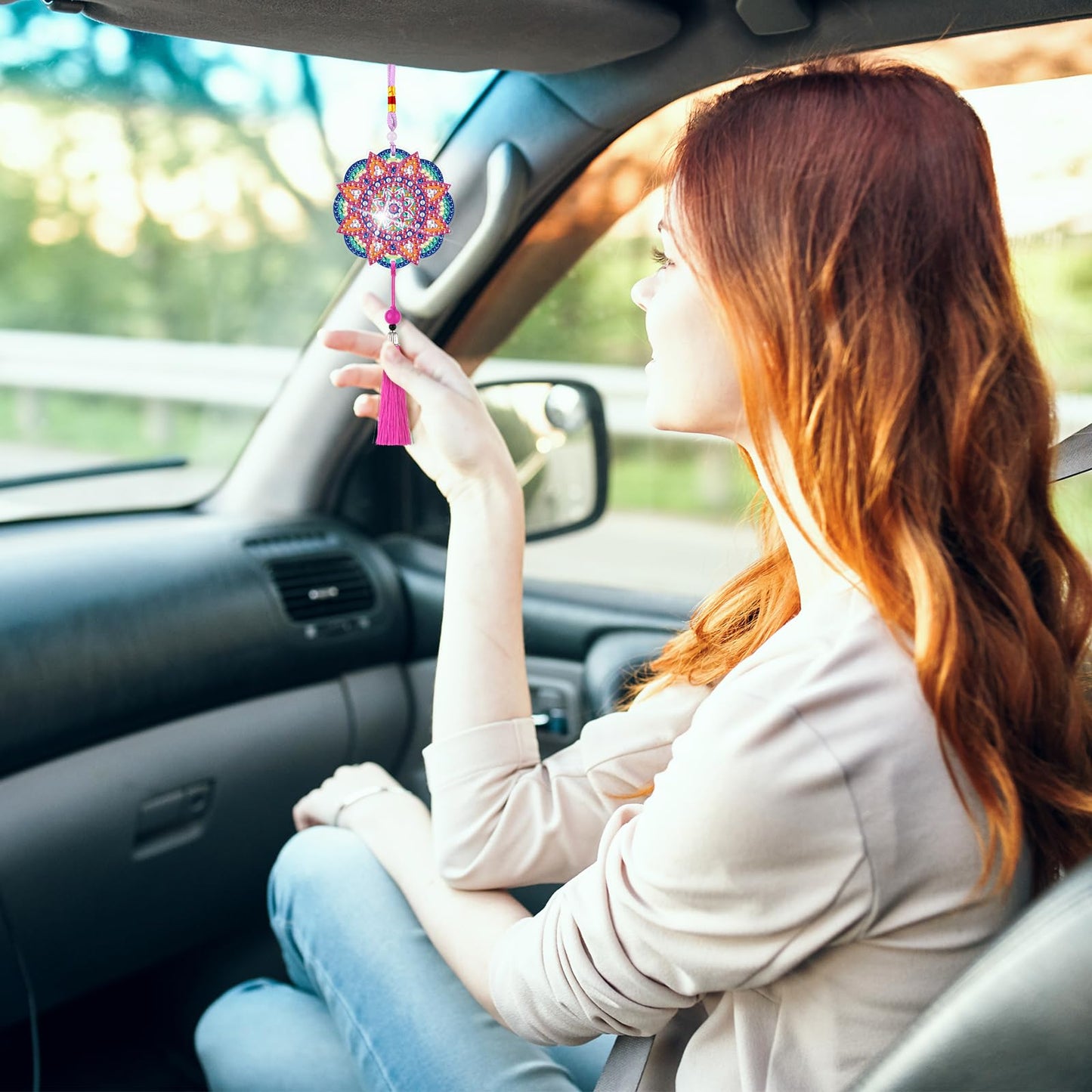 Saillong 16 Pcs Diamond Art Car Ornaments Mandala Diamond Painting Kit Ornament for Car Hanging Suncatchers Charm for Rear View Mirror Double Sided Painting Crystal Gem Garden Decoration Paint DIY Kit