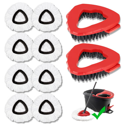 10-Pack Compatible with O-Cedar Mop Heads Replacements: 2 Mop Scrub Brush Head + 8 Microfiber Spin Mop Refills for EasyWring 1-Tank System - Enhanced Cleaning Performance