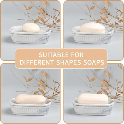 Ceramic Soap Dish, Self-Draining Soap Holder, Double Layer Marble Blue, Easy to Clean