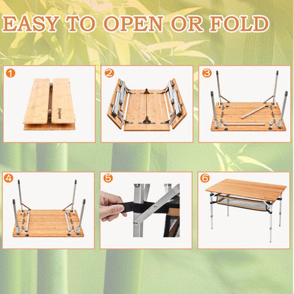 KingCamp Bamboo Folding Table Camping Table with Large Storage Bag Adjustable Height Aluminum Legs Heavy Duty 176 lbs 4-Fold Portable Camp Tables for Travel, Picnic, RV, 4-5 People