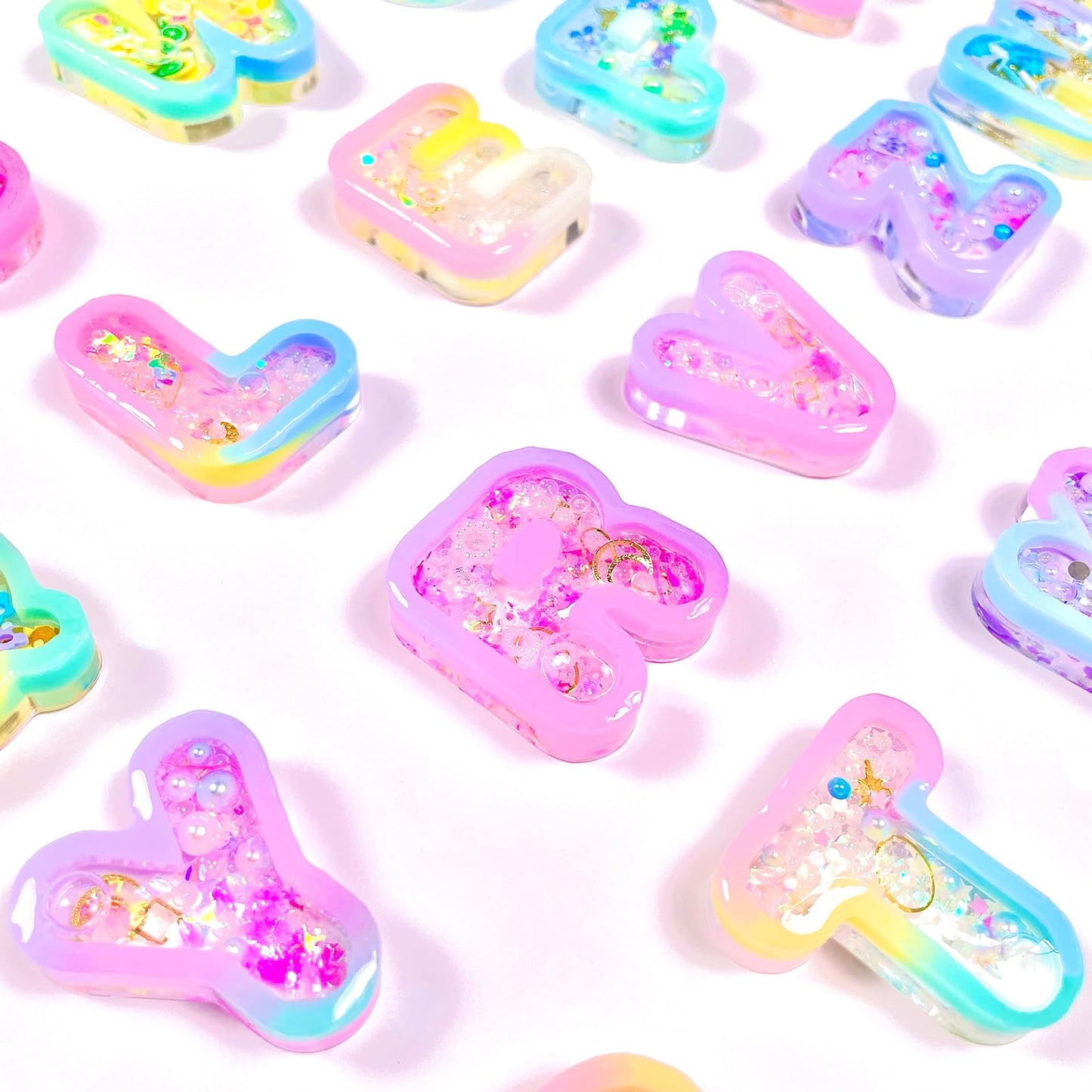 Alphabet Resin Shaker Molds Kawaii Keychain Charm Large and Small Set Pack of 107 Silicone Trays Seal Films Precision Tip Applicator Bottle Kit Bundle